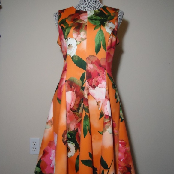 Calvin Klein Women's Flowers Orange Scuba Dress RN# 54163 Size-6 - Picture 1 of 9